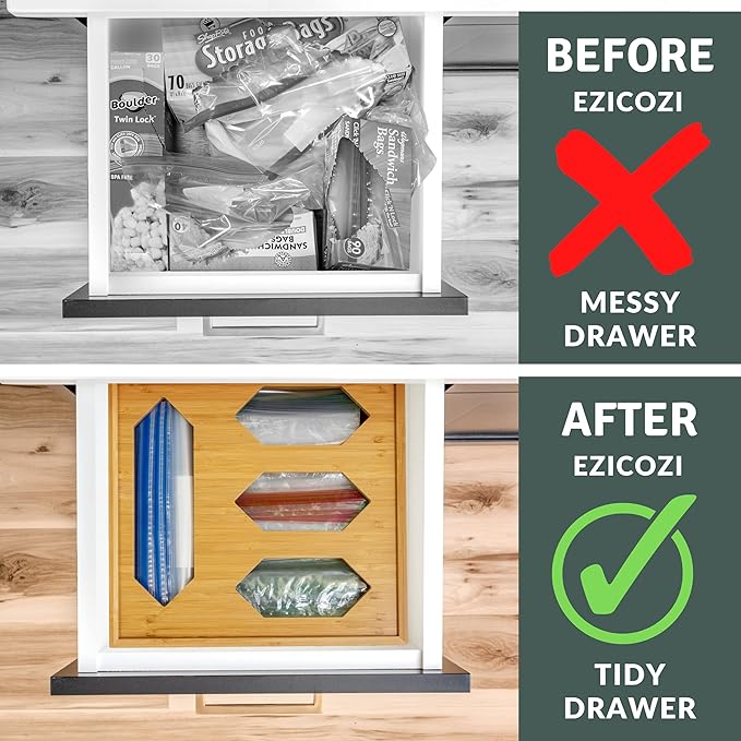 Bamboo Ziplock Bag Organizer for Kitchen Drawer – 4 Compartments for Gallon, Quart, Sandwich & Snack Bags – Includes Label Stickers