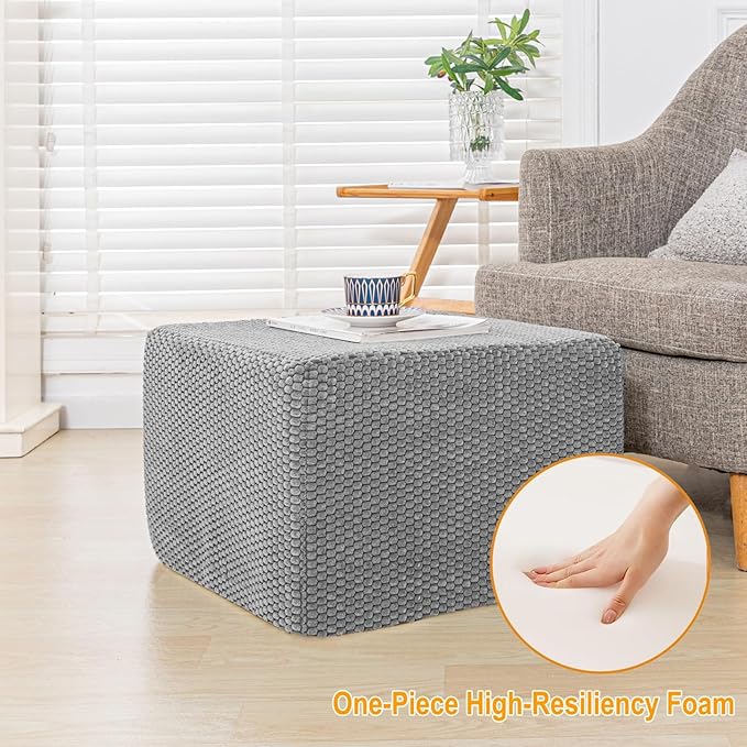Furry Square Pouf Ottoman – 20"x14" One-Piece Seamless Integral Foam Foot Stool Ottoman Foot Rest Living Room Bedroom Under Desk (Gray)