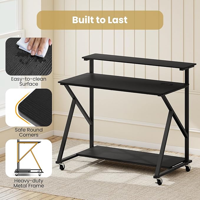 Tangkula 39.5" Mobile Computer Desk with Power Outlets, Rolling Laptop Workstation with Monitor Stand & Storage Shelf, Gaming Writing Desk with Lockable Wheels for Home Office Bedroom (Black)