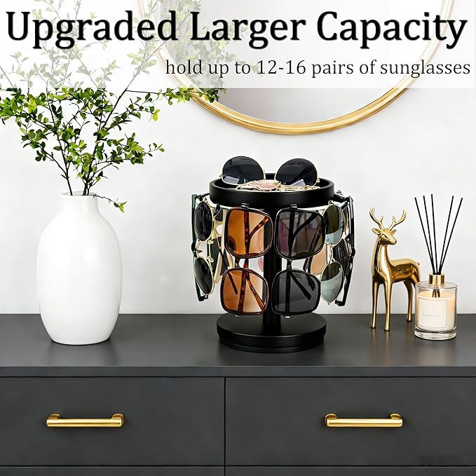 Sunglasses Organizer 360° Rotating Eyeglass Holder Stand with Wood Tray and Base, Eye Glass Display Rack for Multiple Sunglass Storage for Table Dresser Nightstand Desk (Black)