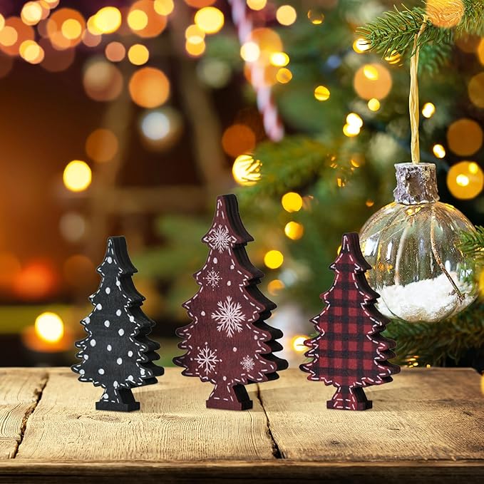 Smile 3 Pcs Wooden Blocks Christmas Trees Signs, Tiered Tray Decorations, for Home Table Shelf.