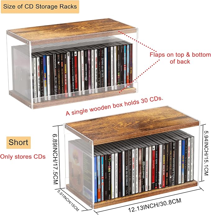 2Pack Stackable Wood Acrylic CD Holder Desk Rack Organizer Holds up to 60 CD Jewel Cases Media Storage Rack for Movie & Video Games Collections (Burning Wood, Short)