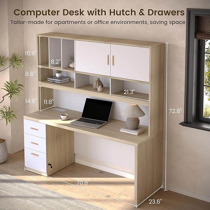 ModernMate Computer Desk with Hutch & File Cabinet, 72.8" Home Office Desk Set with Under Desk Printer Stand, Office Desk with Hutch Built in Power Outlet, USB/Type-C, Light Walnut