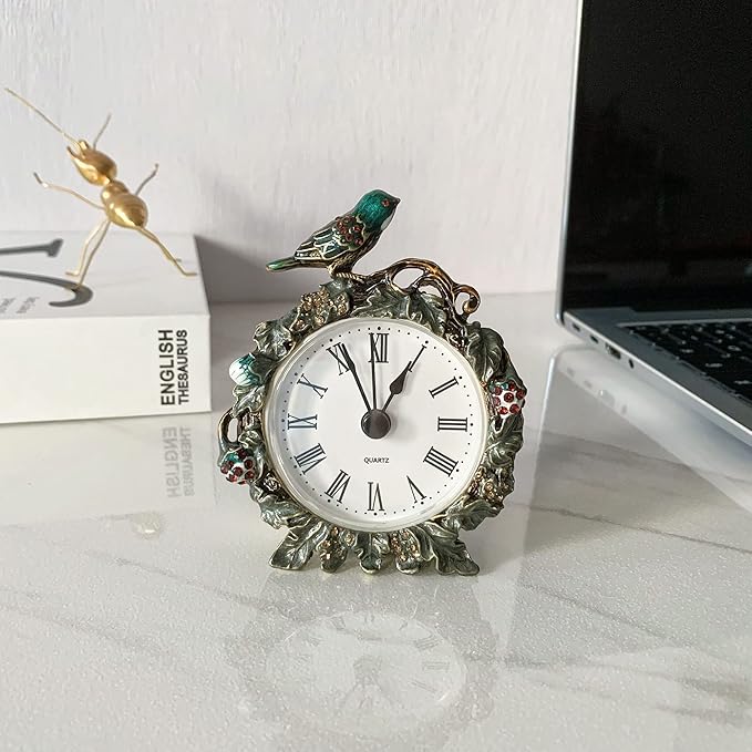 Silent Mini Vintage Analog Table Clock with Hand-Painted Metal Body and Battery Operated Non-Ticking Core for Shelf, Bedroom, Bedside, Desk, Gift Clock