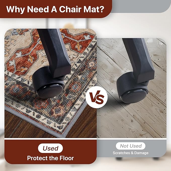 60"x60" Office Chair Mat for Hardwood Tile Floor, Under Desk Carpet Protector for Rolling Computer Chair Mat, Machine Washable Round Area Rug, Anti-Slip 1/5" Thick Low Pile Thin Floor Mat, Annatto