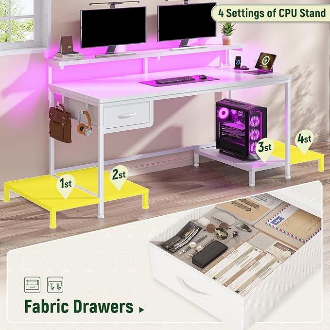 DurayLoly 39.3Inch Computer Desk with Power Outlet & Drawer,Gaming Desk with CPU Stand& LED Lights,Corner Office Desk with Ergonomic Monitor Stand for Home Work, Study and Gaming, Small Spaces,White
