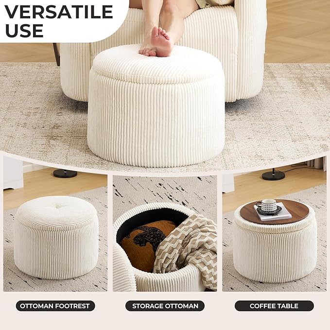 Modern Round Storage Ottoman with Reversible Tray Lid,Chenille Ottoman Foot Stools, Ottoman Footstool with Hidden Storage, Storage Ottoman, Multi-Functional Footrest, Corduroy Beige