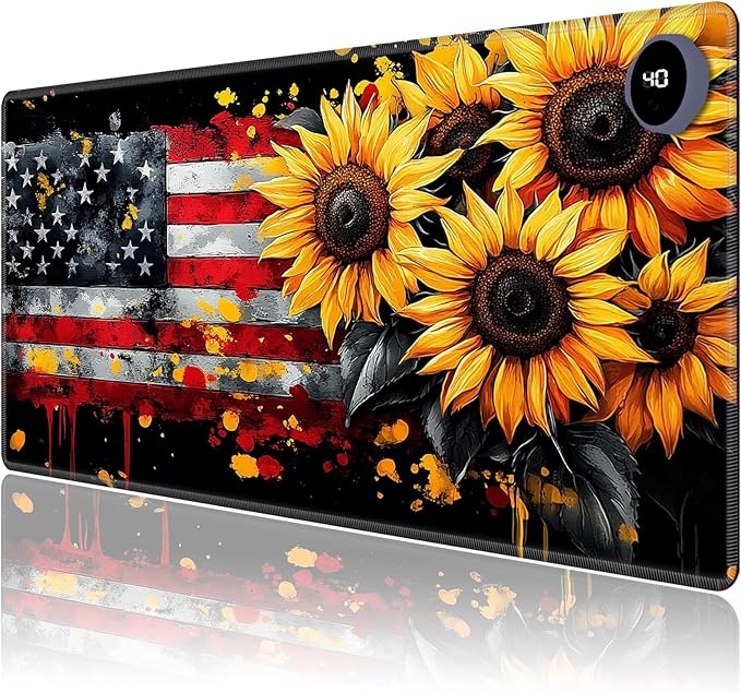 Heated Mouse Pad,Warm Desk Pad with 3 Levels Heating & 3 Hours Auto Shut-Off, PU Leather Heated Desk Pad Warmer Pad for Home Office - 31.5 x 13 inch,Sunflower American Flag
