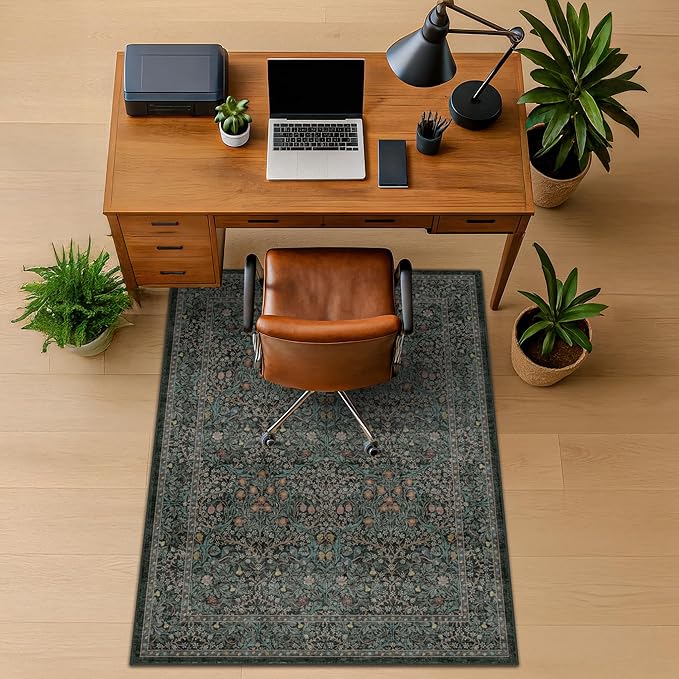 48"x60" Dark Green Office Chair Mat for Hardwood & Tile Floor, Vintage Floral Washable Under Desk Rug with Anti-Slip Backing & Ultra Soft, Floor Protector for Rolling Chairs, Stain Resistant