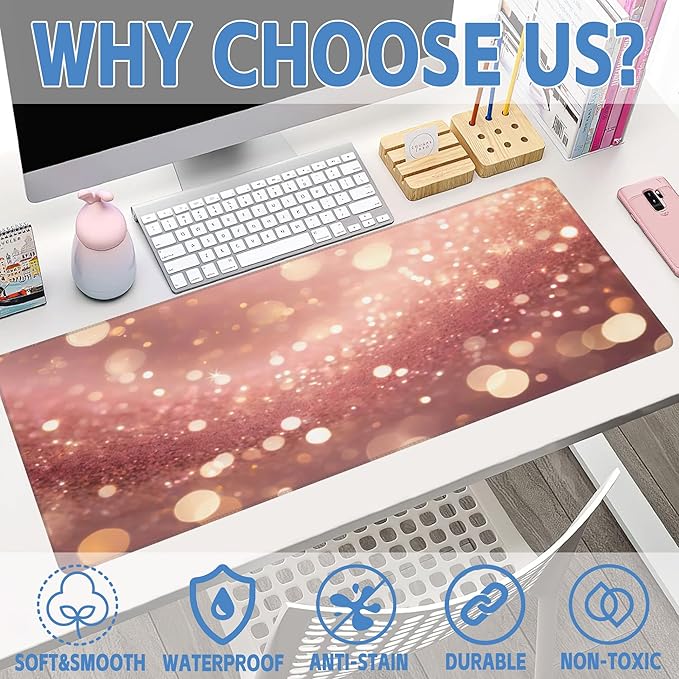 XL Mouse Pad,Rose Pink Glitter Large Gaming Mouse Pad,Gold Sparkles Desk Mat for Desktop,Extended Big Computer Keyboard Desk Pad with Non-Slip Base and Stitched Edge 31.5"x11.8"