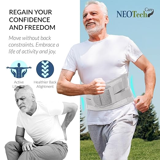 NeoTech Care Lower Back Brace for Women or Men, Lumbar Back Support Belt (Grey, Size M)