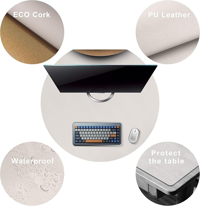 CENNBIE 30/24/20/18 Inches Round Table Mat - Cork Leather Table Pad - Suitable as Side Dining Coffee Table Cover (Cream)