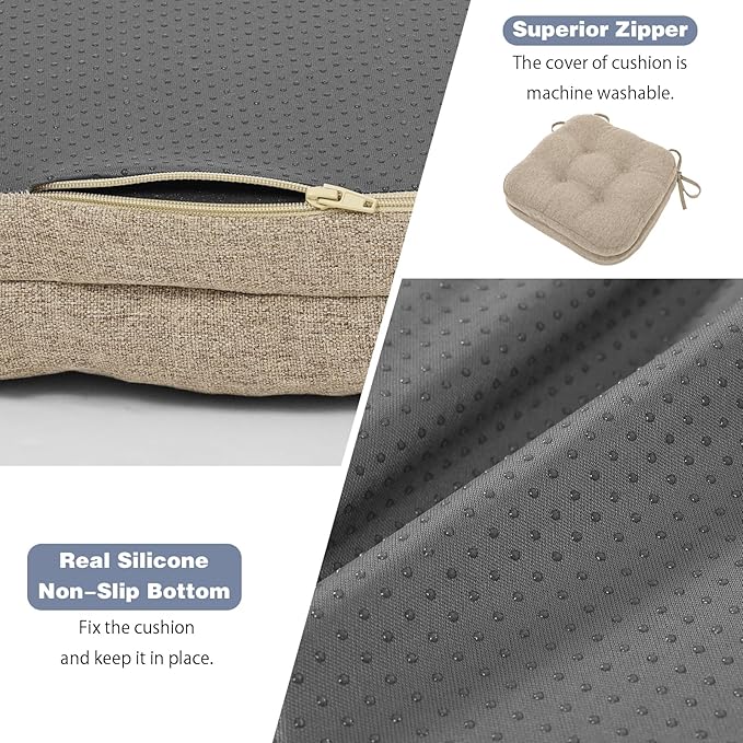 baibu Set of 4 Dining Chair Cushions, Dual-Layer Patent Design Memory Foam Kitchen Chair Cushions, Non-Slip Seat Pads with Ties, 16.5 x 16.5 x 3.5in, 4 Pack, Khaki
