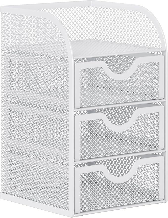 EasyPAG Mesh Desk Organizer with 3 Drawer Office Desktop Organizers and Accessories Stationery Caddy for Office, Home, Students, White