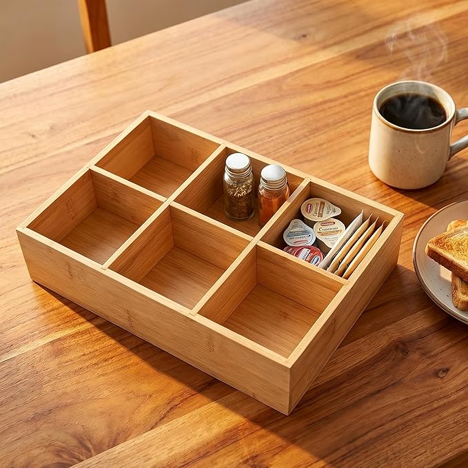 2 Pack Bamboo Small Desk Organizer with Adjustable Dividers, Wood Office Desk Dccessories Organizer for Snacks,Tea Bag,Makeup, Jewelry,Stationery