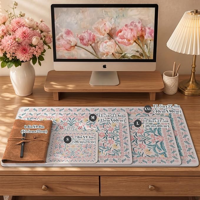 iCasso Pink Aesthetic Flower Mouse pad for Laptop, Desk Matt for Desktop 13.7"x23.6", Anti-Slip Mousepad with Stitched Edges for Laptop Computer Keyboard(Pink Floral)
