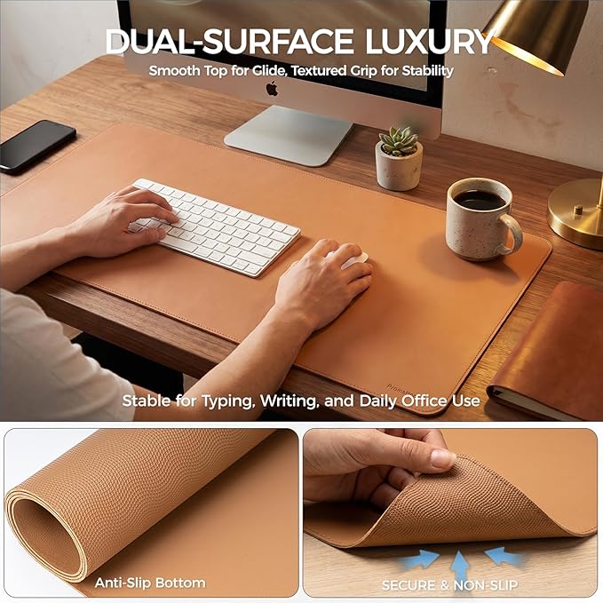 Large Desk Pad Non-Slip Desk Mat Protector for Keyboard Mouse Waterproof Vegan Leather Surface Faux Leather Laptop Mat Smooth Mouse Pad Premium Gift Tube Caramel Brown 35" x 17"