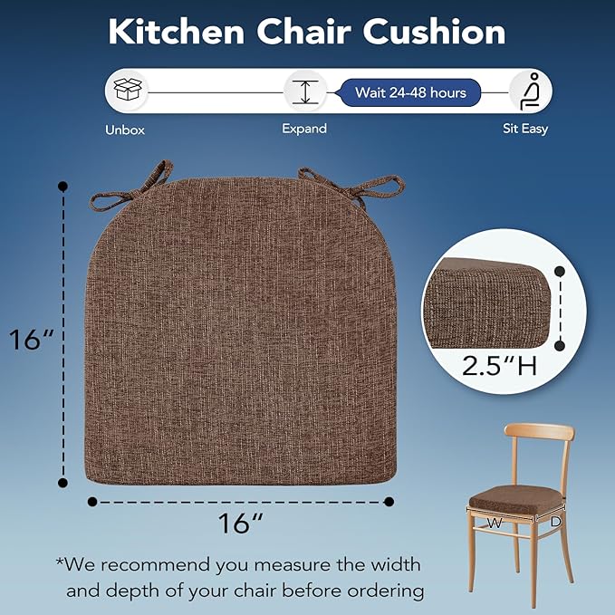 Chair Cushions for Dining Chairs, Non Slip Chair Pads with Ties and Washable Covers, Memory Foam Kitchen Chair Cushions Set of 4, 16"X16"X2.5", Brown