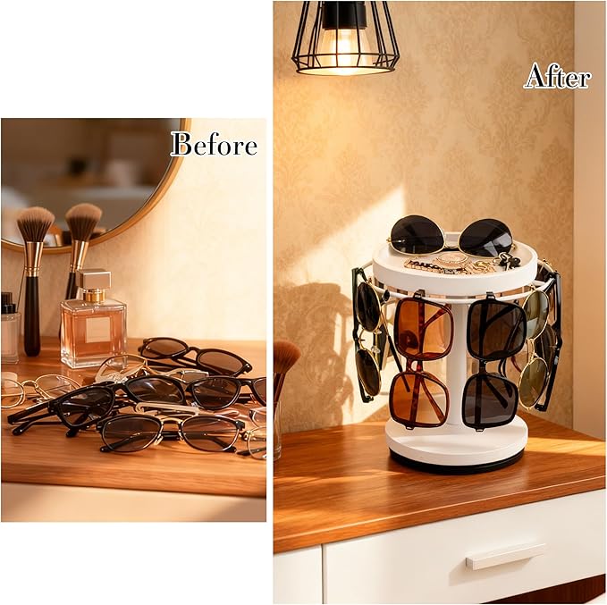 Sunglasses Organizer 360° Rotating Eyeglass Holder Stand with Wood Tray and Base, Eye Glass Display Rack for Multiple Sunglass Storage for Table Dresser Nightstand Desk (White)