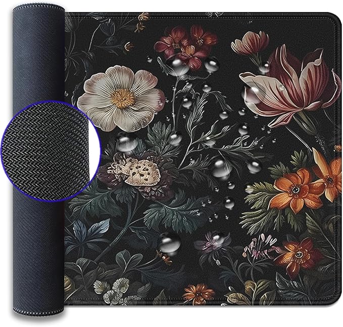 Dark Floral Large Mouse Pad Desk Mat, 27.5x11.8in Vintage Botanical Desk Pad Keyboard Mousepad with Stitched Edges, Non-Slip Waterproof Rubber Base for Office, Computer & Laptop