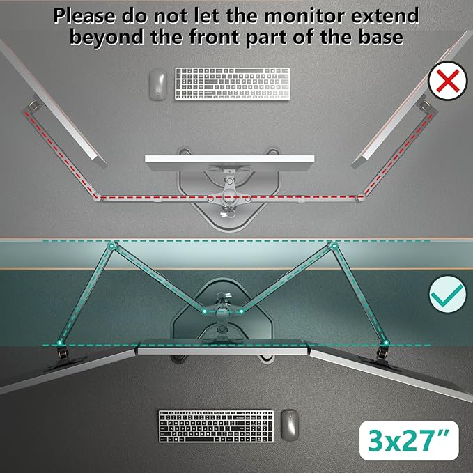 WALI Triple Monitor Stand, Free Standing Three LCD Monitor Fully Adjustable Desk Mount Fits 3 Screens up to 27 inch, 22 lbs Weight Capacity per Arm (MF003), Black