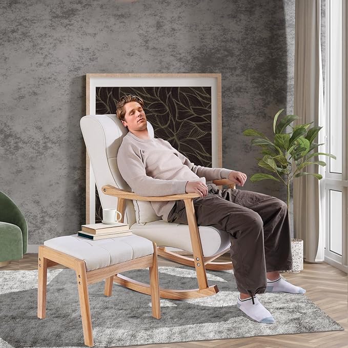 NOBLEMOOD Rocking Chair Indoor with Ottoman, Upholstered Rocking Chair with Lumbar Pillow, Side Pocket, High Back Solid Wood Frame Rocker with Footrest for Living Room
