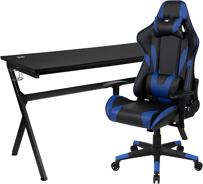 EMMA + OLIVER Black/Blue Gaming Desk Bundle - Cup/Headset Holder/Mouse Pad Top