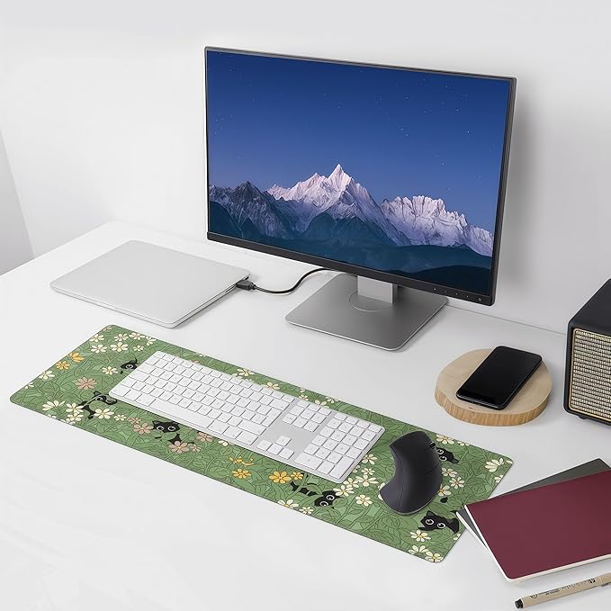 Large Green Gaming Mousepad,Cat Cute Desk Decor Mat,Kawaii Black Cat Plant Aesthetic Extended Keyboard Mouse Pad with Non-Slip Base and Stitched Edge,31.5 x 12in