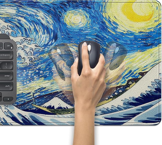 Starry Night & Great Wave Large Mouse Pad, 27.5x11.8in Art Painting Fusion Extended Desk Mat with Stitched Edges, Non-Slip Waterproof Rubber Base for Office, Computer & Laptop