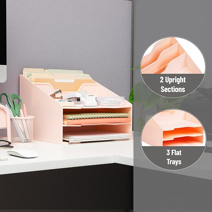 Mind Reader Desktop Organizer, Vertical File Holder, Paper Trays, Office, Plastic, Pink