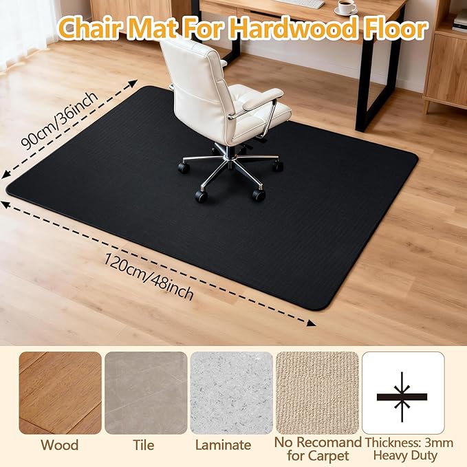 Office Chair Mat for Hardwood Floor, 36"x48" Non-Slip Floor Protector Heavy Duty Computer Desk Rolling Chair Mat for Home & Office - Black