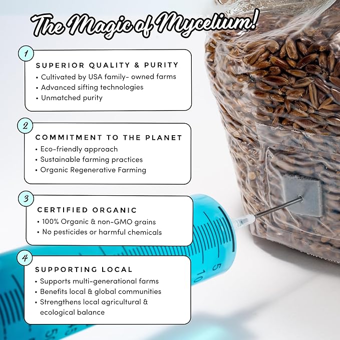 Mycelium Mushroom Growing Kit, King Oyster Gourmet I Alder & Soy Hull Substrate I High Yield Proprietary Mix I Sterile Grow Bag with 20ml Liquid Culture Syringe for Starter & Pro Home Growers, 8lbs