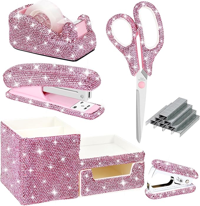 MultiBey 7 Pcs Pink Bling Rhinestone Desk Accessories Set, Crystal Office Stationery Kit with Stapler, Tape Dispenser, Scissors, Drawer Organizer - Glamorous Gift for Home School Office Supplies