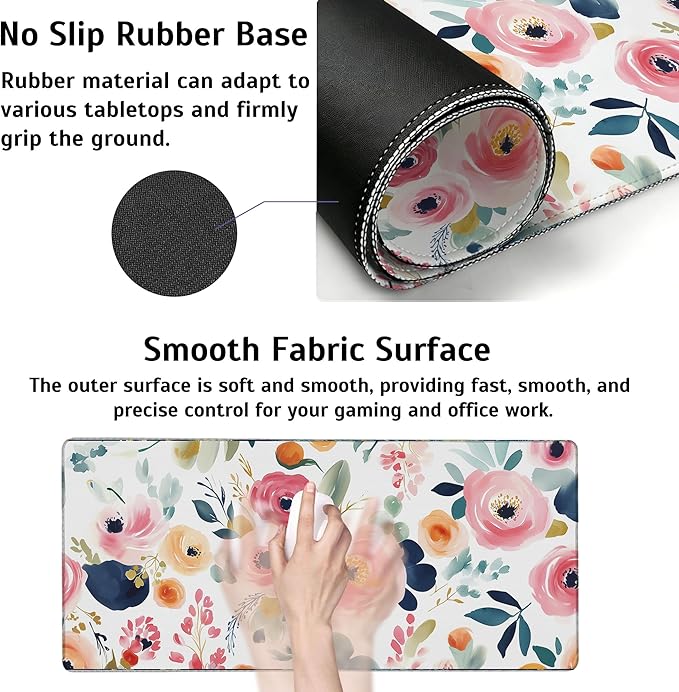 Large Gaming Mouse Pad Watercolor Floral Desk Mat,Non-Slip Rubber Base Stitched Edges,Extended Mousepad for PC,Laptop,Office,Home Decor(31.5 x 11.8 Inch)