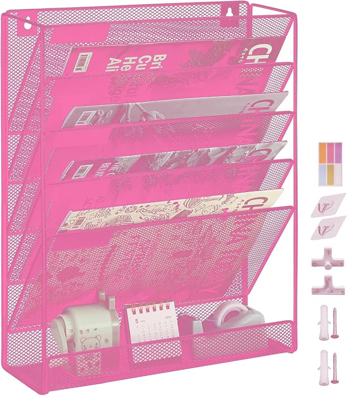 5 Pockets Mesh Wall File Holder Organizer with Bottom Flat Tray, Office Hanging File Folder Magazine Rack, Nametag Label Hooks Set Included, Pink