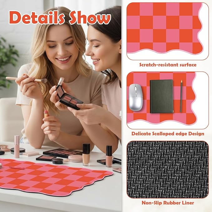 Copkim 1 Pcs Pink Orange Scalloped Checkered Desk Mat 31.5 x 11.8 Large Cute Mouse Pad Computer Mat Non Slip Waterproof Rubber Base with Border Stitching Soft Keyboard Pad for Home Office Game Makeup