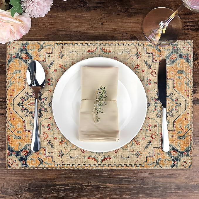 Boho Style Beige Placemats Set of 4,Vintage Elegant Farmhouse Table Center Linen Decor,12x18 Inch Country Rustic Farmhouse Magical Fall Table Mats for Party Kitchen Dining Decoration