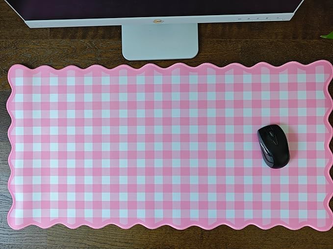 Scalloped‌ Pink Checkered Gingham Desk Mat Cute Pastel Large Mouse Pad Kawaii Cottagecore ‌Vintage‌ Girly Laptop Keyboard Computer Mat Pad Aesthetic Cozy Office Desk Decor for Women