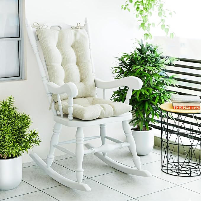 Klear Vu The Gripper Non-Slip Rocking Chair Cushion Set with Thick Padding, Includes Seat Pad & Back Pillow with Ties for Indoor Living Room Rocker, 17x17 Inches, 2 Piece Set, Ivory