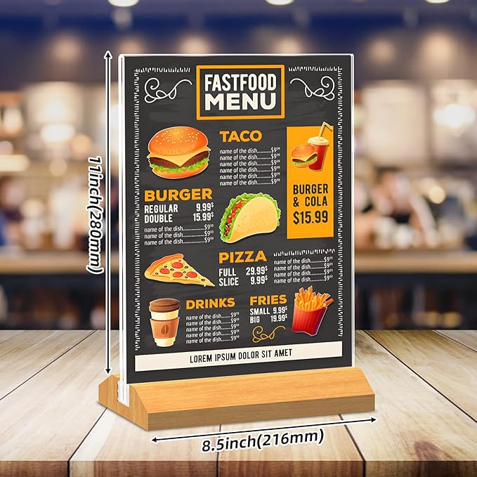 10 Pack Acrylic Sign Holder 8.5 x 11 Inch with Wood Base,Signs Stand for Menu Flyer Display, Table Clear Plastic T Shape Holder for Stores, Restaurants, Hotels, Office