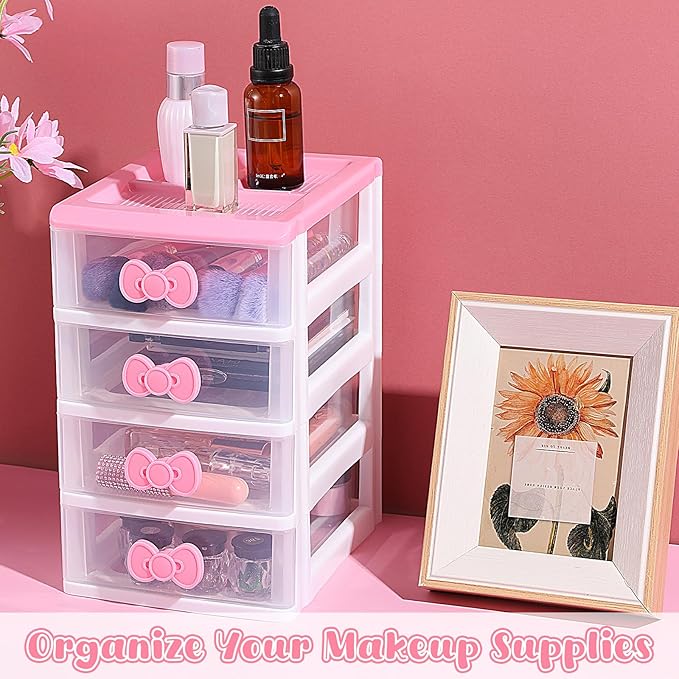 Girls Cute Lovely Color Storage Box Makeup Organizer with 4 Layers, Cute Storage Cabinet Box with Bow Handle, Desktop Storage Box for Home Bedroom Bathroom Women Girl Gifts (Pink)