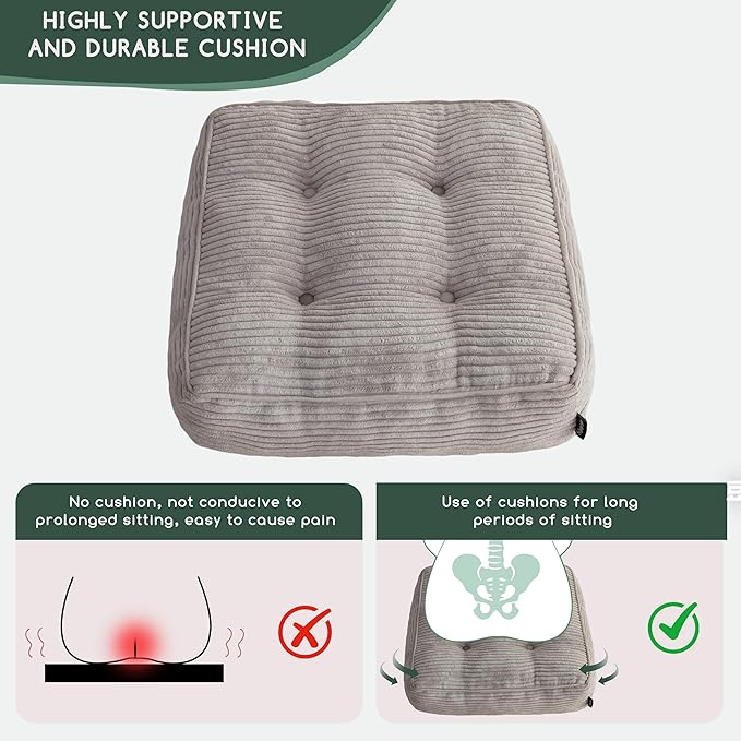 HIGOGOGO Tufted Corduroy Recliner Seat Cushion for Elderly, 20x20x5 Inch Large Square Seat Cushion for Recliner Chair, Floor Pillow, Office Chair, Car, No Pressure on Thighs, Grey