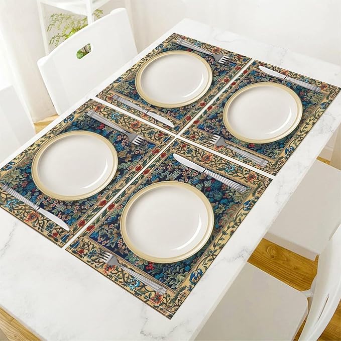 William Morris Floral Placemats Vintage Tree Art Style Boho Chic Retro Tree Linen Washable Table Mats Stain Heat-Resistant Desktop Decor Place Mats for Home Kitchen Dining Party 12x18 in 6 Pcs