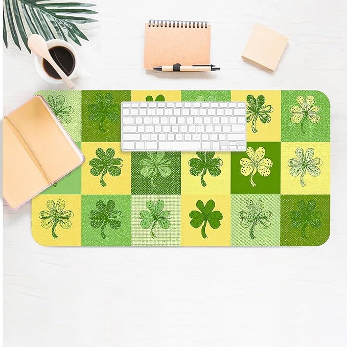 Four-Leaves Clover Mouse Pad PU Leather Green Lucky Desk Mat Large Waterproof Gaming Pad Non-Slip Keyboard Mouse Pad Writing Pad for Gamer Office&Home