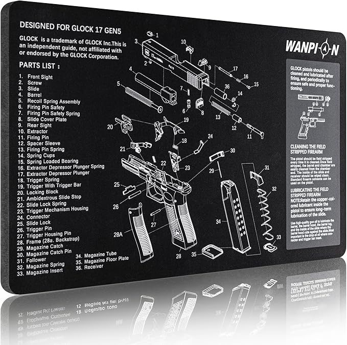 Gun Cleaning Mat 20"×12" - Thick Protection, Leak-Proof Surface, Non-Slip Oil Resistant Glock Cleaning Mat,Pistol Cleaning Mat with Detailed Parts Diagram
