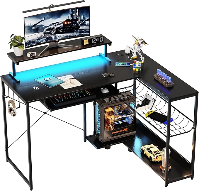 L Shaped Gaming Desk with Power Outlets & RGB Lights, 46'' L- Shaped Desk Computer Corner Desk with Monitor Stand & Storage Shelf & Hook, Home Office Desk Writing Desk, Black