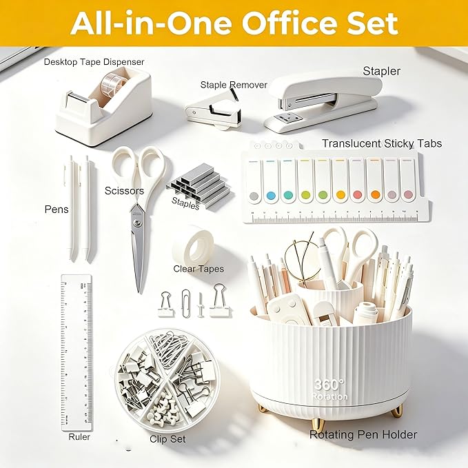 Office Supplies Rotating Pen Holder for Desk with Stapler Staple Remover, Tape Dispenser,2pcs Tape Refills, Binder Paper Clips Kit, Scissor,Pen, Ruler & Sticky Tabs,White Office School Supplies(White)