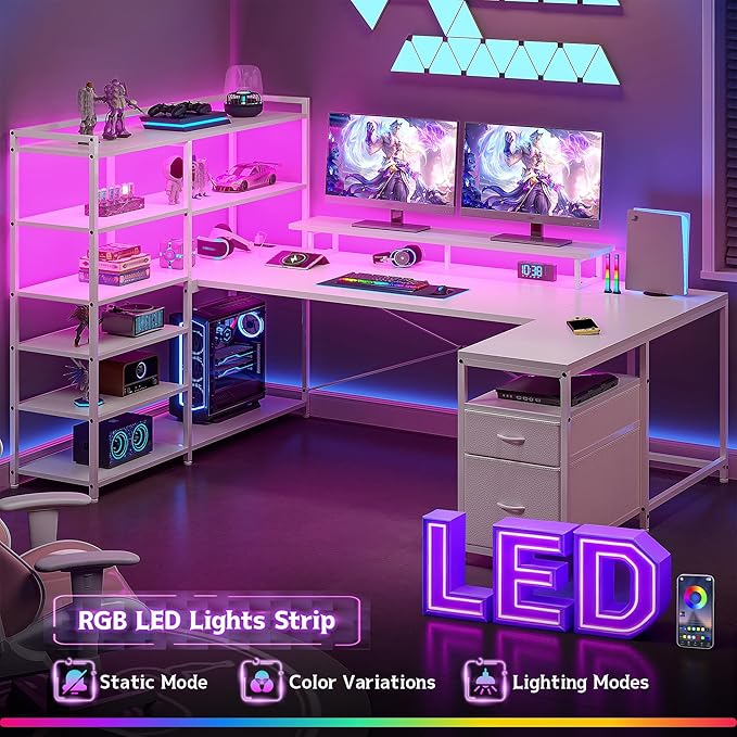 DurayLoly 63" L Shaped Desk with Monitor Stand & CPU Stand, Reversible Computer Desk with 6-Tier Shelves& 2 Fabric Drawers, Ergonomic Desk with Power Outlet & LED Lights for Home Office,White