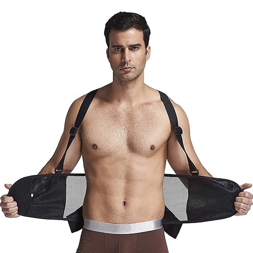 NeoTech Care Back Brace with Suspenders/Shoulder Straps - Light & Breathable - Lumbar Support Belt for Lower Back Pain - Posture, Work, Gym - Black Color (Size M)
