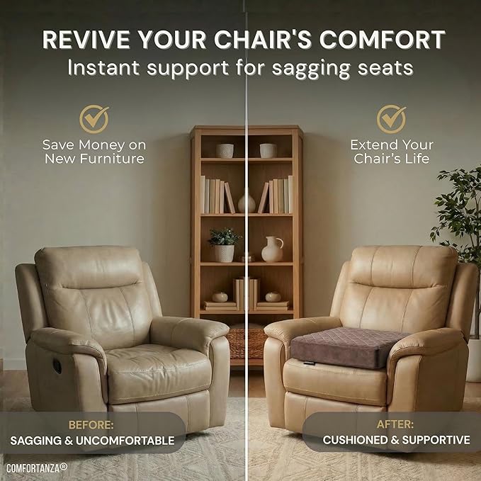 Soft 20x20x5 Memory Foam Recliner Chair Seat Cushion for Long Sitting - Armchair Pad with Washable Velvety Cover & Non-Slip Base for Seniors & Elderly - Brown